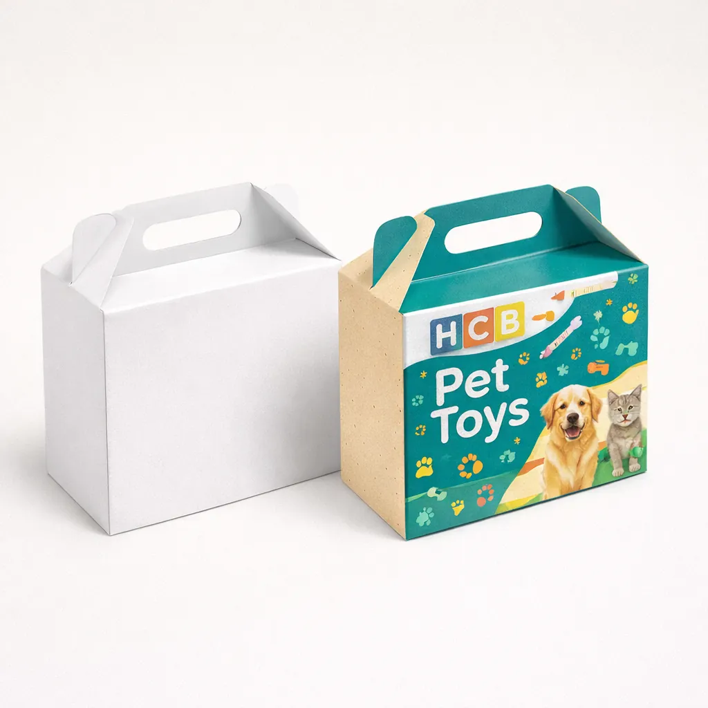 Two gabled carrier boxes with handles, one plain white and one printed with pet-themed patterns and branding. class=